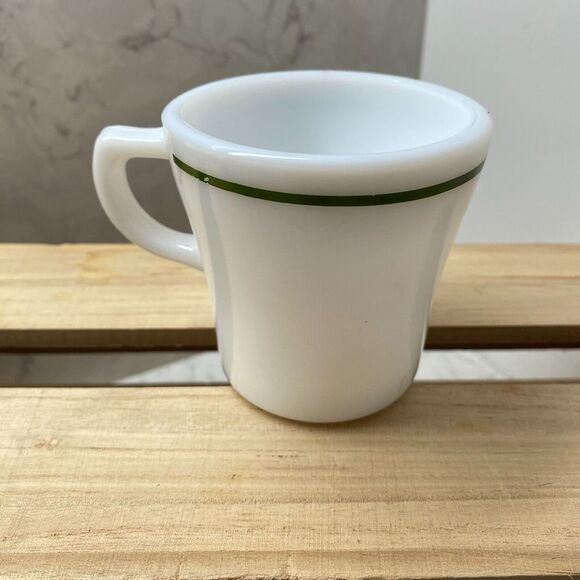 Anchor Hocking White Green Trim Milk Glass Oven-Proof Coffee Mug Restaurant Ware - Picture 1 of 7